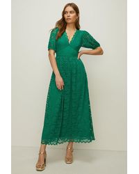 Oasis - Lace Puff Sleeve V Neck Midaxi Dress - Lyst