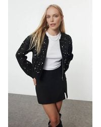 WOVCOR - Textured Knit Zipper Cardigan W/ Stone Embellishment - Lyst