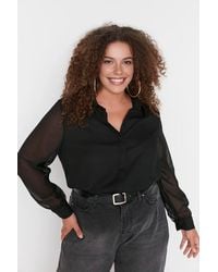WOVCOR - Sheer Sleeve Button Up Woven Shirt - Lyst