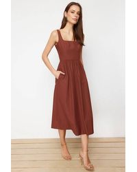 WOVCOR - Square Neck Thick Strap Midi Dress W/ Corset Seam Detail - Lyst