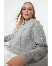 WOVCOR - Textured Knit Zipper Cardigan W/ Stone Embellishment - Lyst
