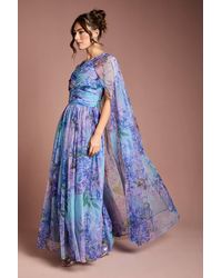 Coast - Pleated Mesh Printed Cape Maxi Dress With Gemstone - Lyst
