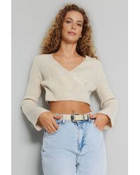 WOVCOR - Crop Soft Textured Double Breasted Knit Sweater - Lyst