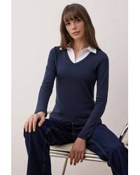 WOVCOR - Woven Shirt Collar Knit Blouse W/ Stretch Detail - Lyst