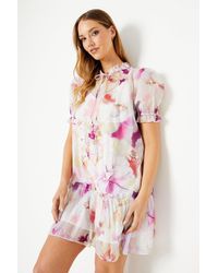 Oasis - Blurred Floral 3d Flower Puff Sleeve Mini Dress - Lyst