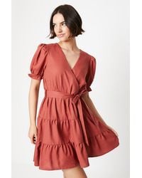 Oasis - Linen Tiered Wrap Mini Dress - Lyst
