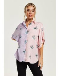 Liquorish - Lilac Floral Print Shirt W/ Short Sleeves - Lyst