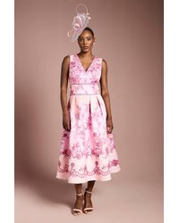 Coast - V Neck Structured Satin Placement Print Midi Dress - Lyst
