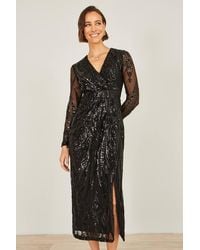 Yumi' - Sequin Midi Wrap Dress With Split Hemline & Long Sleeves - Lyst