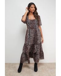 Oasis - Printed Square Neck Scallop Edge Puff Sleeve Midi Dress - Lyst