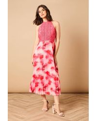 Oasis - Printed Lace Mix Halterneck Midi Dress - Lyst