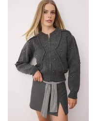 WOVCOR - Textured Knit Zipper Cardigan W/ Stone Embellishment - Lyst