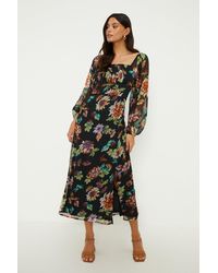 Oasis - Floral Square Neck Balloon Sleeve Midi Dress - Lyst