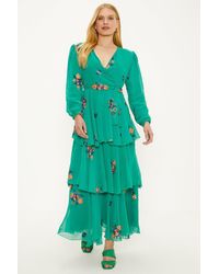 Oasis - Embroidered Tiered Ruffle Wrap Midi Dress - Lyst