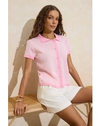 WOVCOR - Textured Button Front Polo Collar Knitted Blouse - Lyst