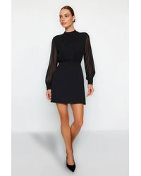 WOVCOR - Chiffon Long Sleeve High Neck A-Line Mini Dress - Lyst