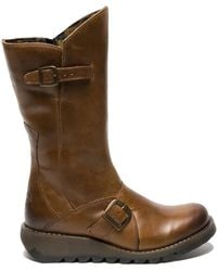 Infinity Leather - Fly London Mes 2 Wedge Heel Buckle Mid-Calf Leather Zip Platform Boots - Lyst