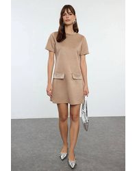 WOVCOR - Crew Neck Mini Suede Knit Dress Stone Detail - Lyst