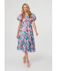 Izabel London - Abstract Puff Sleeve Shirred Midi Dress - Lyst