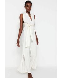 WOVCOR - Plunge Tie Waist Wide Leg Jumpsuit - Lyst