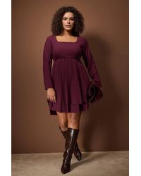 WOVCOR - Square Neck Belted Tiered Mini Dress W/ Long Sleeves - Lyst