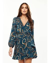 Liquorish - Scribble Print Mini Wrap Dress W/ Long Sleeves - Lyst