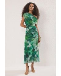 WOVCOR - Floral Mesh Bardot Midi Dress W/ Draped Detail - Lyst