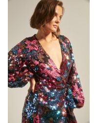 Oasis - Colour Pop Sequin Floral Wrap Midi Dress - Lyst