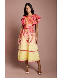 Coast - Petite Placement Print Frill Sleeve Midi Dress - Lyst