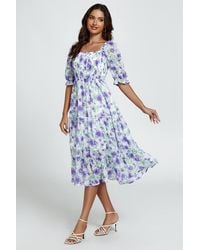 FS Collection - Floral Print Bardot Puff Sleeve Elasticated Detail Midi Dress - Lyst