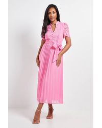 Wallis - Petite Lace Collarless Pleated Midi Dress - Lyst