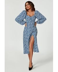 FS Collection - Floral Print Long Sleeve Heart Neckline Midi Dress - Lyst