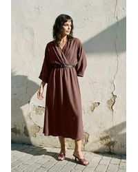 WOVCOR - Belted A-Line Wrap Collar Batwing Sleeve Midi Dress - Lyst