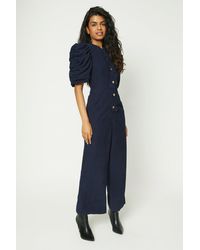 Oasis - Petite Cord Scallop Edge Puff Sleeve Jumpsuit - Lyst
