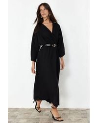 WOVCOR - Belted A-Line Wrap Collar Batwing Sleeve Midi Dress - Lyst