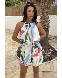 AX Paris - Multi Leaf Print Tie Racer Neck Shirred Waist Playsuit - Lyst