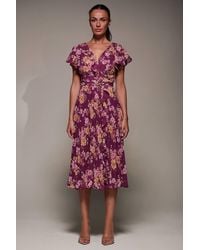 Jolie Moi - Printed Ruffle Detail Pleated Chiffon Midi Dress - Lyst