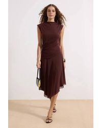 WOVCOR - Ruched Asymmetric Hem Cap Sleeve High Neck Midi Dress - Lyst