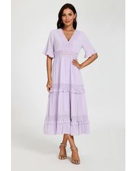FS Collection - Lace Trim V Neck Tiered Midi Dress - Lyst