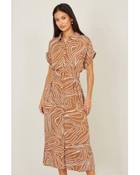 Yumi' - Abstract Swirl Print Relaxed Midi Shirt Dress With Belt - Lyst
