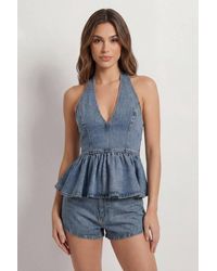 MissPap - Peplum Hem Denim Top - Lyst