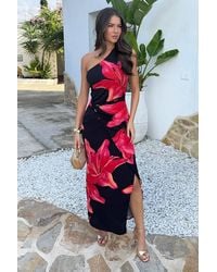 AX Paris - Coral Floral Print One Shoulder O-Ring Midi Dress - Lyst