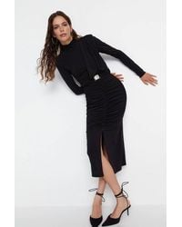 WOVCOR - Ruched Detail Long Sleeve High Neck Midi Dress W/ Side Split - Lyst