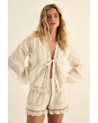 Nasty Gal - Cotton Lace Trim Tie Front Balloon Sleeve Top - Lyst