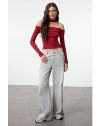 WOVCOR - Choker Detailed Fitted Crop Ribbed Knit Blouse - Lyst