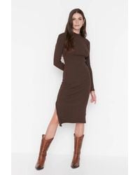 WOVCOR - Midi Ribbed Knit Pencil Dress W/ Side Slit - Lyst