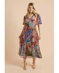 Dorothy Perkins - Patchwork Wrap Front Puff Sleeve Tiered Maxi Dress - Lyst