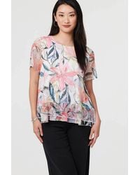 Izabel London - Floral Short Sleeve Mesh Layered Top - Lyst