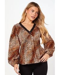 Dorothy Perkins - Animal Sleeve Lace Trim Button Front Tea Blouse - Lyst