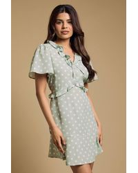 Dorothy Perkins - Petite Tie Front Ruffle Sleeve Printed Mini Dress - Lyst